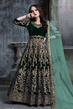 Dark Green Embroidered Velvet Suit Women Anarkali