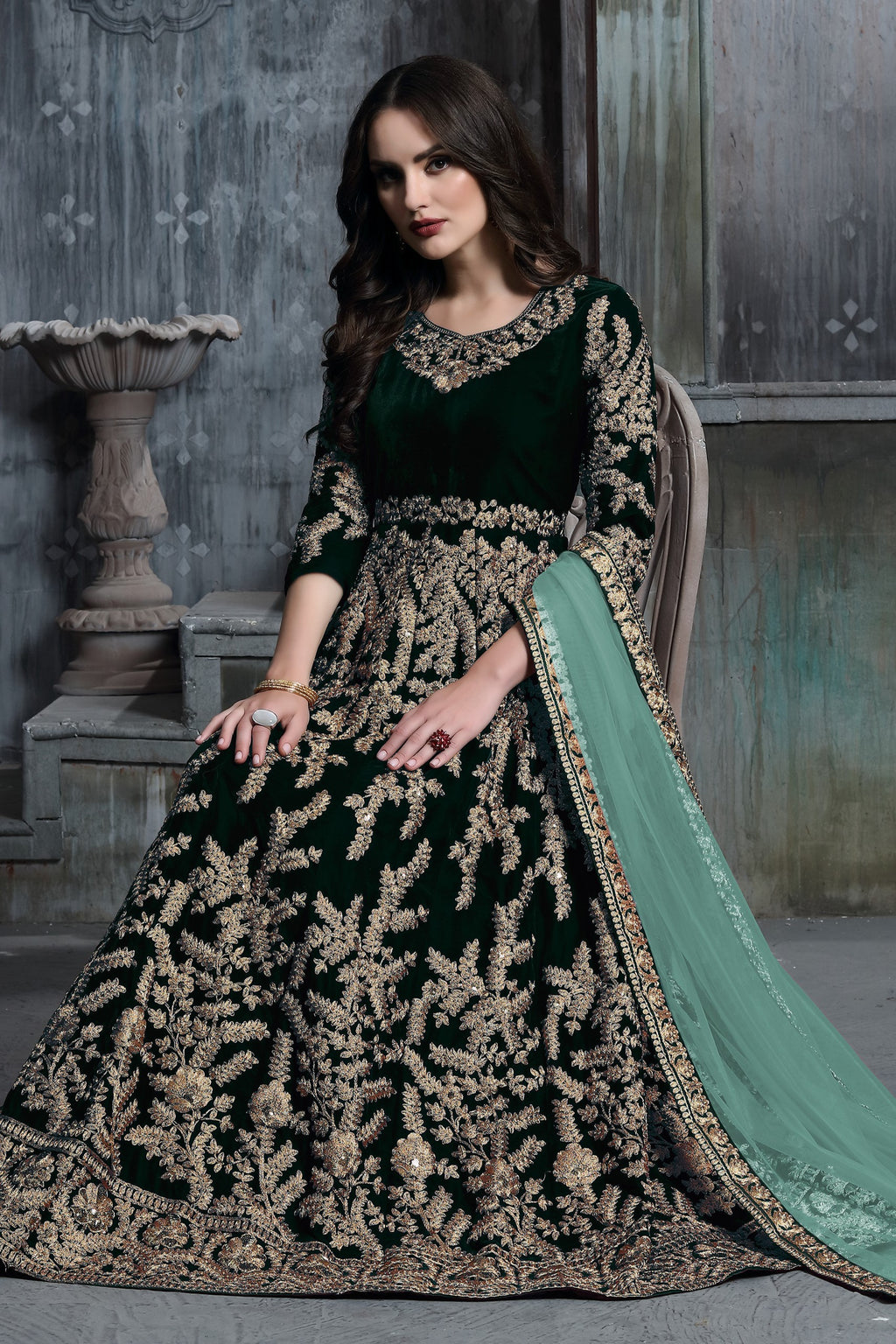 Dark Green Embroidered Velvet Suit Women Anarkali