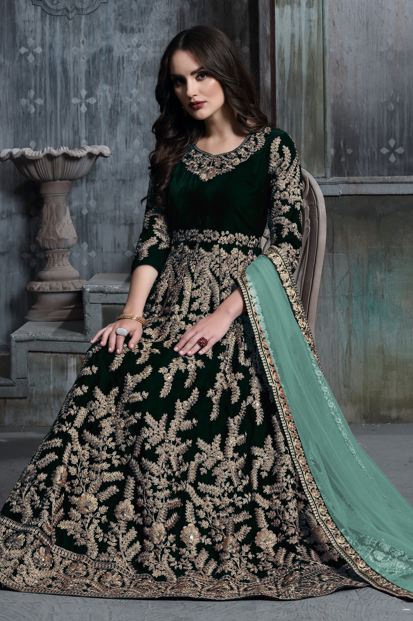 Dark Green Embroidered Velvet Suit Women Anarkali