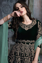 Dark Green Embroidered Velvet Suit Women Anarkali