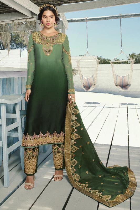 Dark Green Georgette Dual Color Kameez with Pant For Indian Suit Festivals & Pakistani Weddings - Embroidery Work, Hand Work