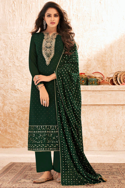 Dark Green Georgette Kameez with Pant For Indian Suit Festivals & Weddings - Embroidery Work