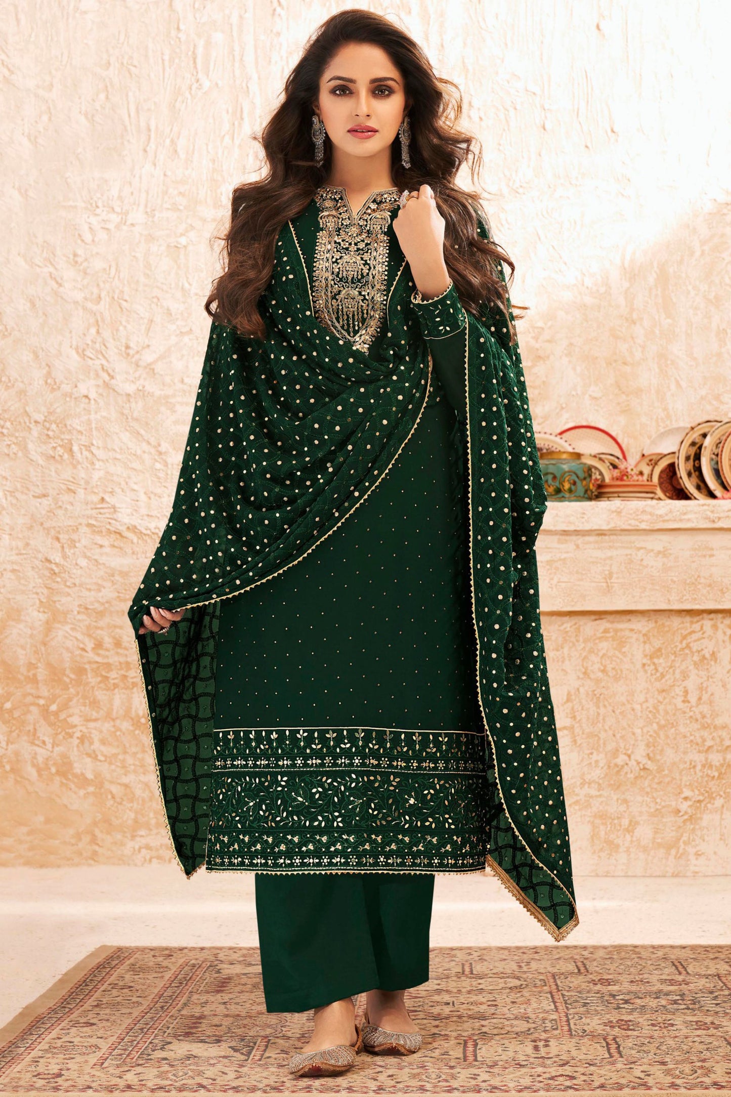 Dark Green Georgette Kameez with Pant For Indian Suit Festivals & Weddings - Embroidery Work