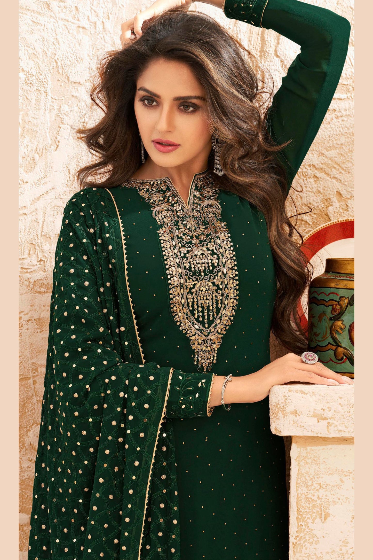 Dark Green Georgette Kameez with Pant For Indian Suit Festivals & Weddings - Embroidery Work