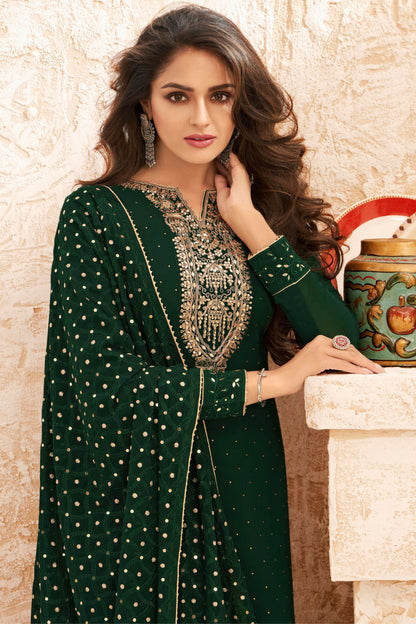 Dark Green Georgette Kameez with Pant For Indian Suit Festivals & Weddings - Embroidery Work