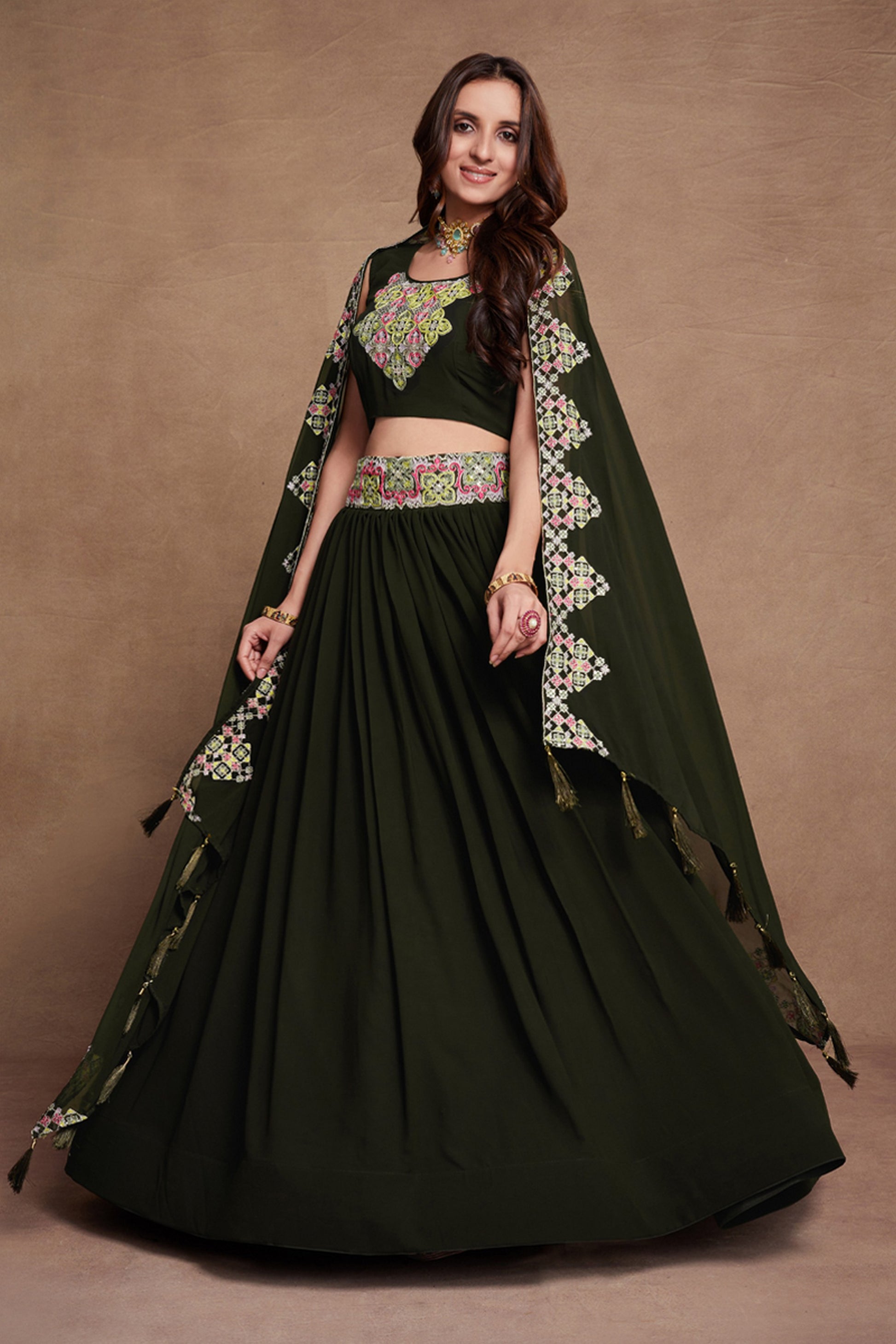 Dark Green Georgette Lehenga Choli 6 Meter Flair For Indian Festivals & Weddings - Sequence Embroidery Work, Thread Embroidery Work