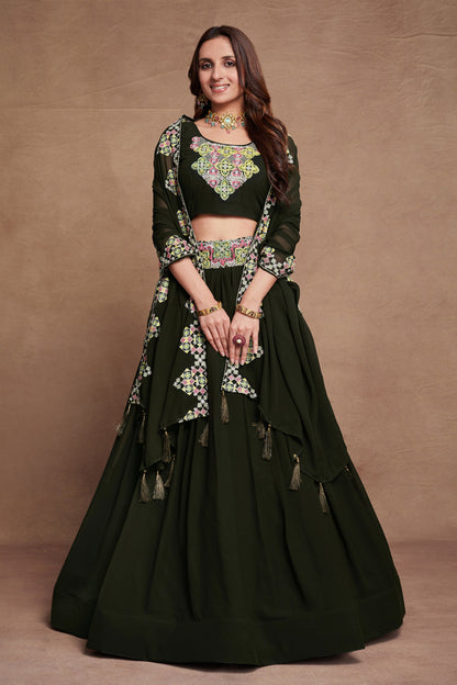 Dark Green Georgette Lehenga Choli 6 Meter Flair For Indian Festivals & Weddings - Sequence Embroidery Work, Thread Embroidery Work