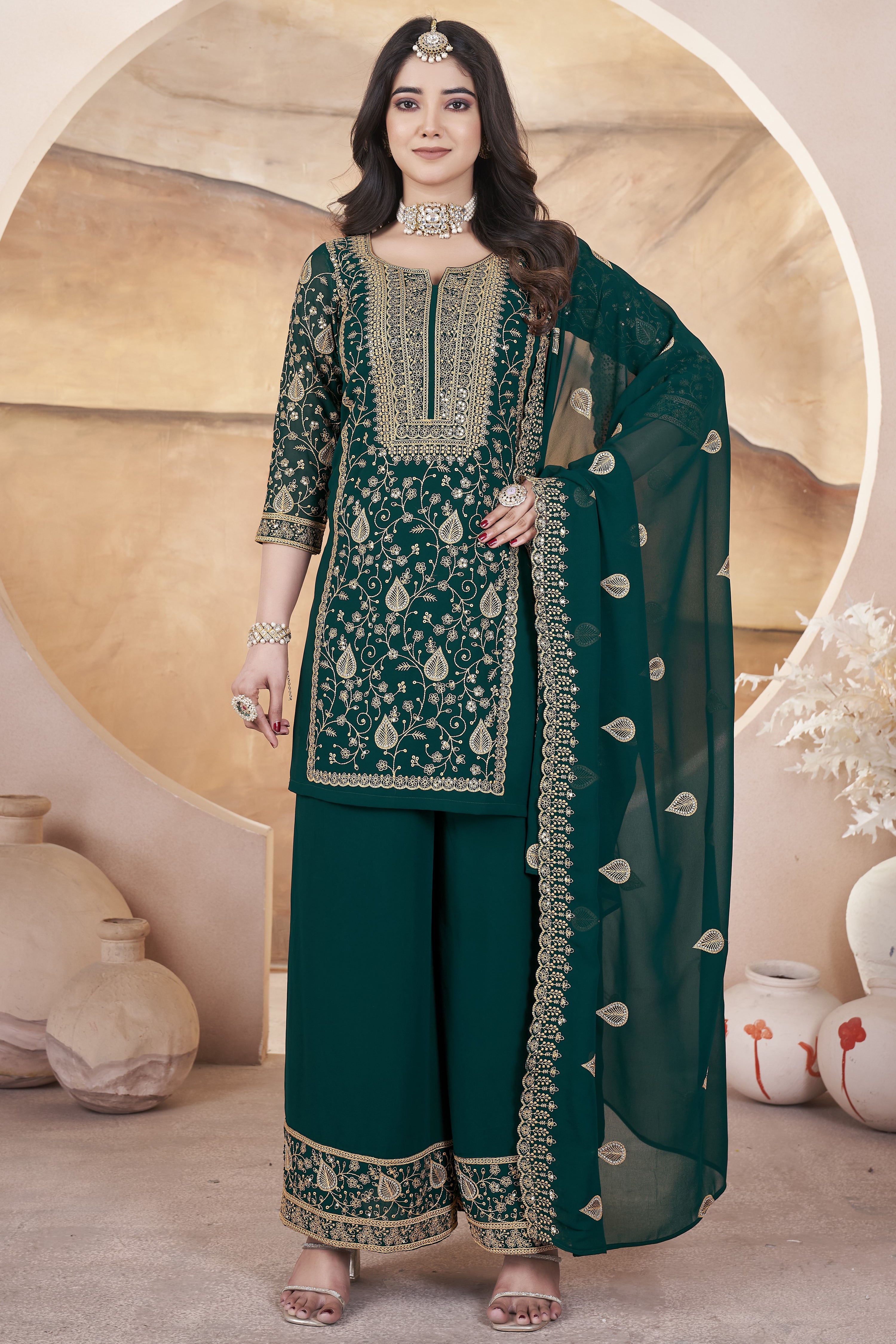 Dark Green Georgette Plazo Suit For Indian Weddings & Pakistani Festival - Sequence Embroidery Work
