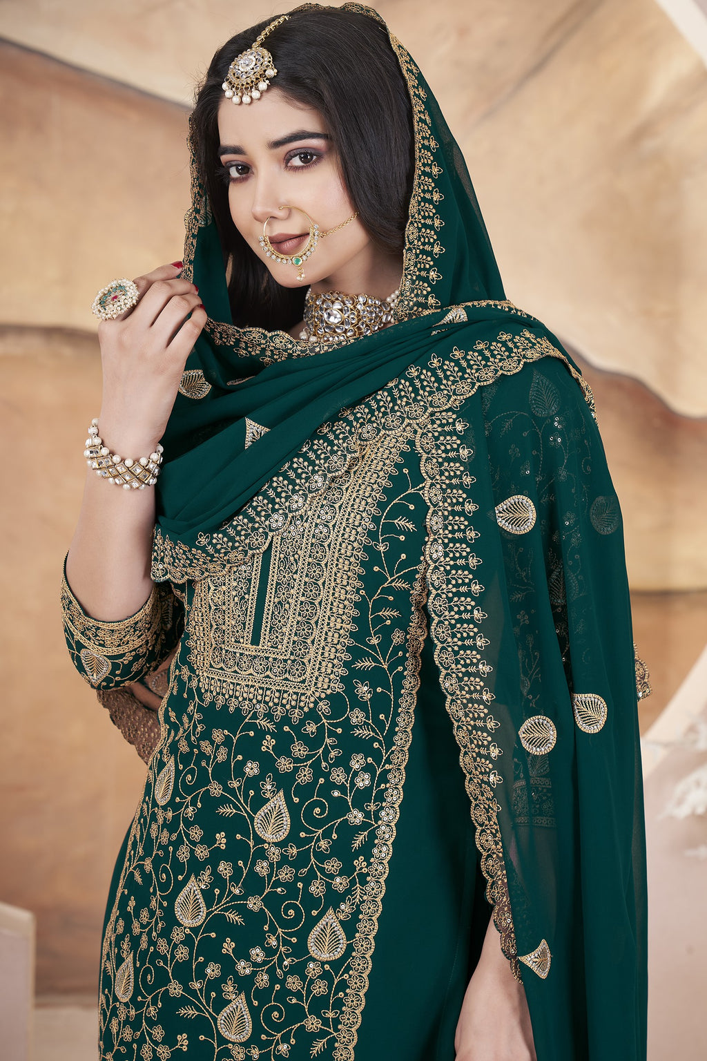 Dark Green Georgette Plazo Suit For Indian Weddings & Pakistani Festival - Sequence Embroidery Work