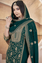 Dark Green Georgette Plazo Suit For Indian Weddings & Pakistani Festival - Sequence Embroidery Work