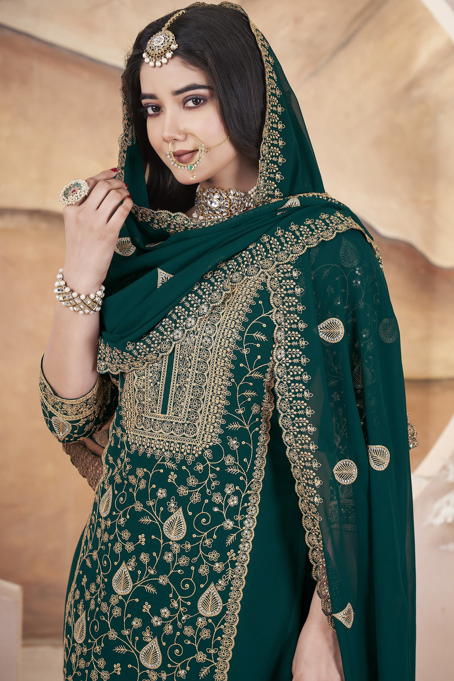 Dark Green Georgette Plazo Suit For Indian Weddings & Pakistani Festival - Sequence Embroidery Work