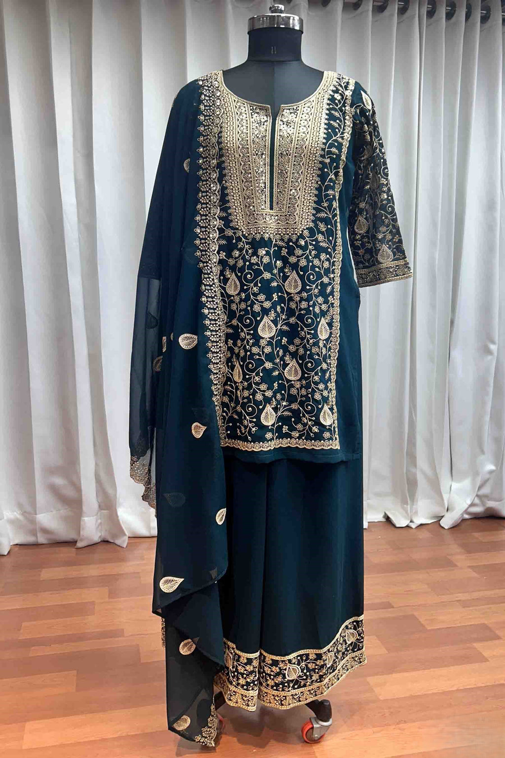 Dark Green Georgette Plazo Suit For Indian Weddings & Pakistani Festival - Sequence Embroidery Work