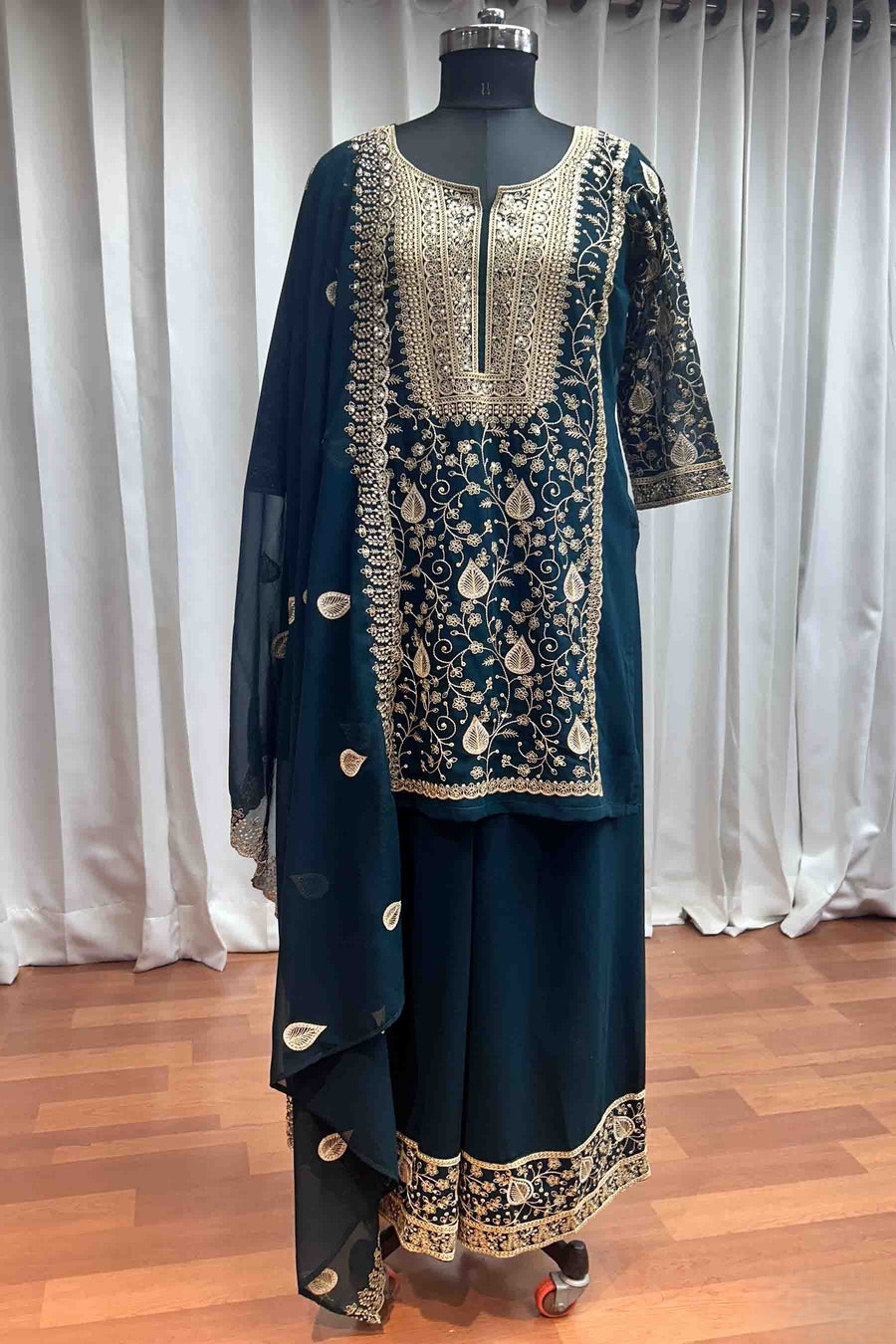 Dark Green Georgette Plazo Suit For Indian Weddings & Pakistani Festival - Sequence Embroidery Work