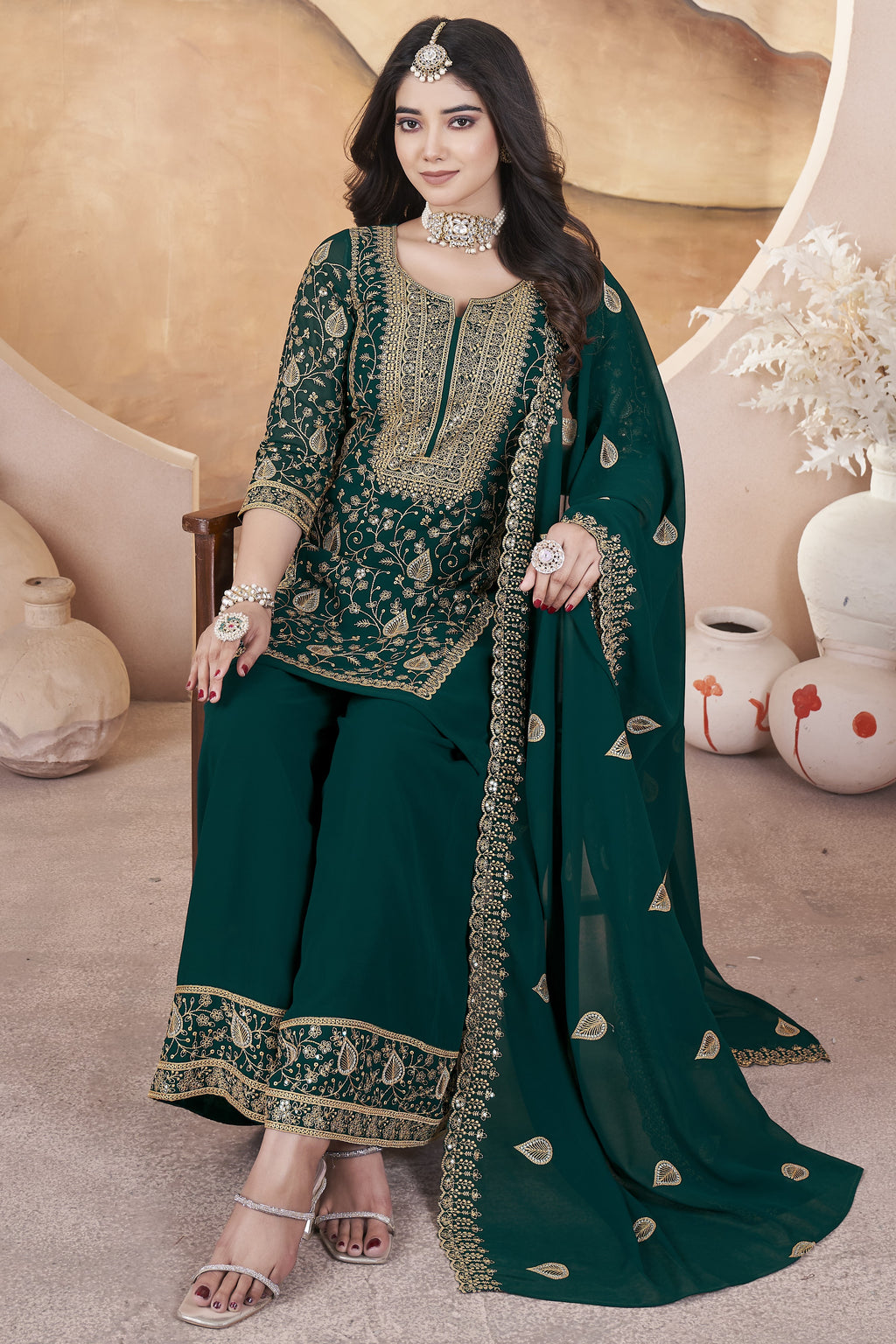 Dark Green Georgette Plazo Suit For Indian Weddings & Pakistani Festival - Sequence Embroidery Work