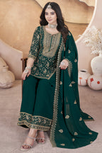 Dark Green Georgette Plazo Suit For Indian Weddings & Pakistani Festival - Sequence Embroidery Work