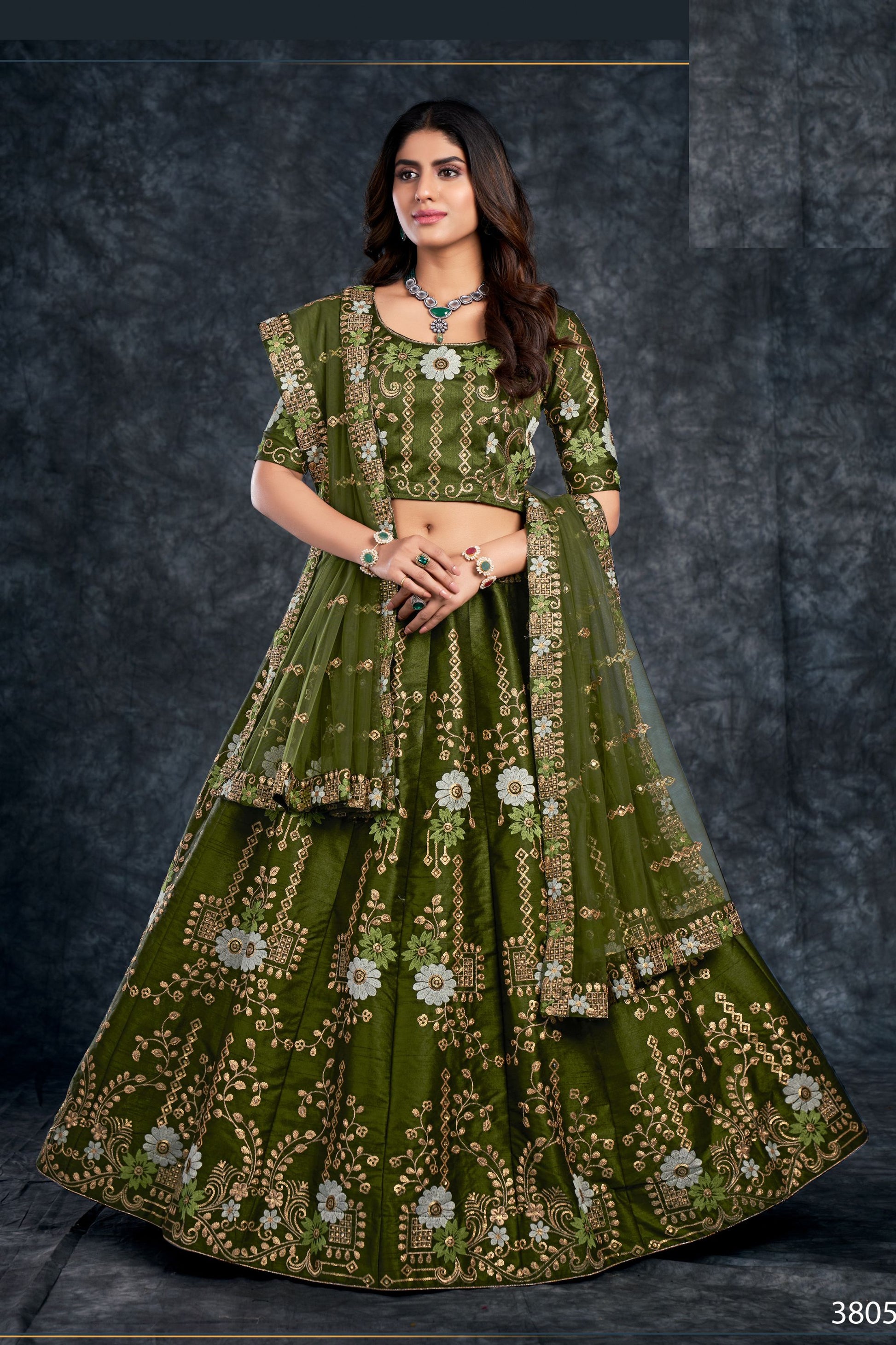 Dark Green Indian Silk Floral Lehenga Choli For Indian Festivals & Weddings - Sequence Embroidery Work, Thread Embroidery Work, Stone Work, Zari Work