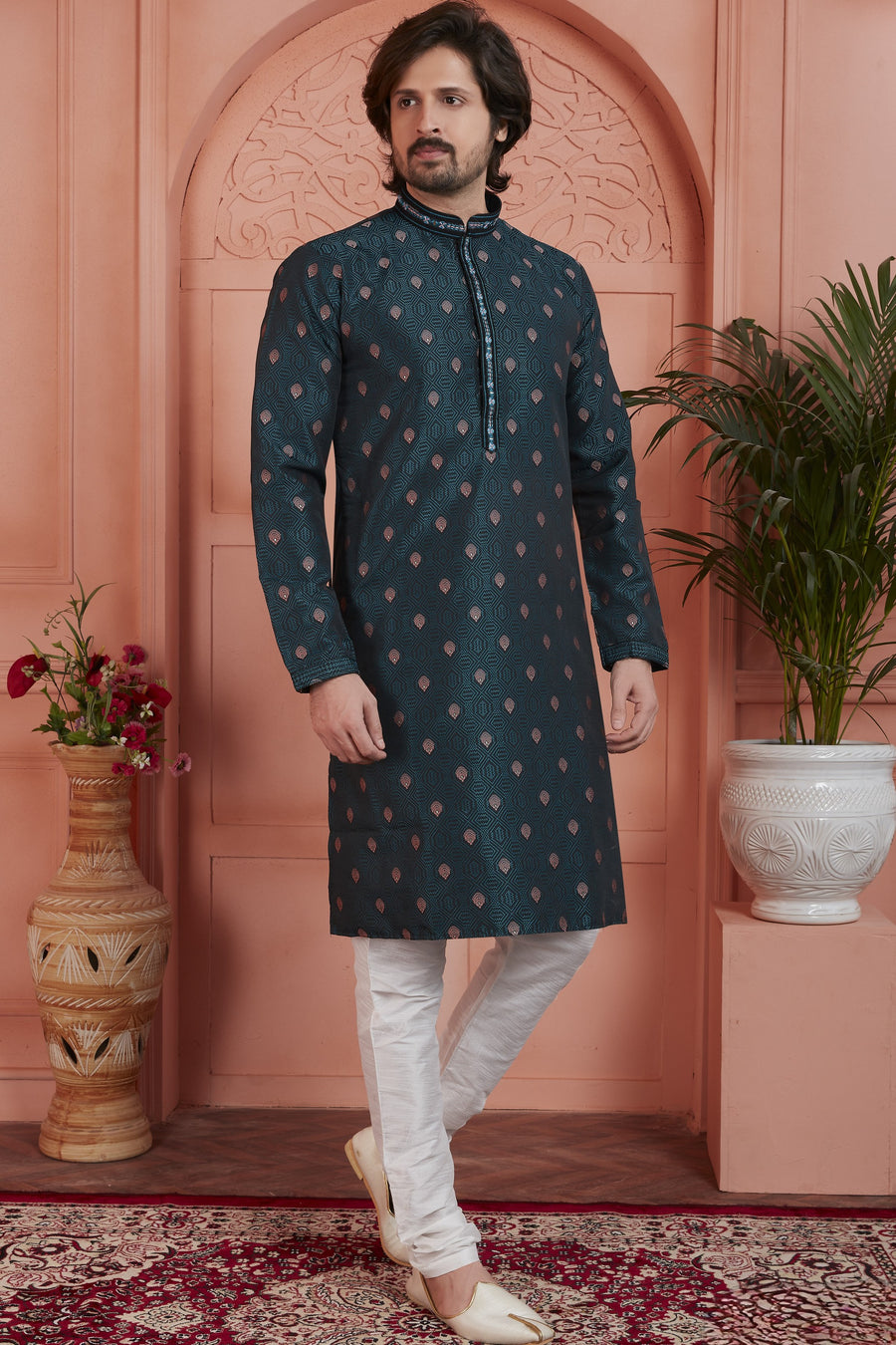 Dark Green Jacquard Silk Plain Straight Kurta Pajama for Men for Festival & Wedding