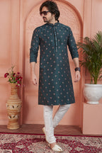 Dark Green Jacquard Silk Plain Straight Kurta Pajama for Men for Festival & Wedding