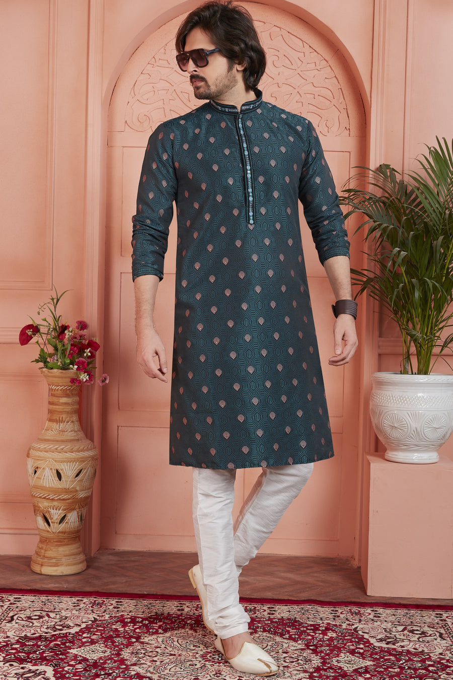 Dark Green Jacquard Silk Plain Straight Kurta Pajama for Men for Festival & Wedding