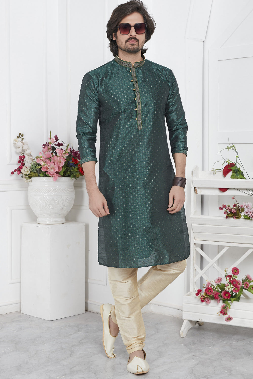 Dark Green Jacquard Silk Plain Straight Kurta Pajama for Men for Wedding & Festival