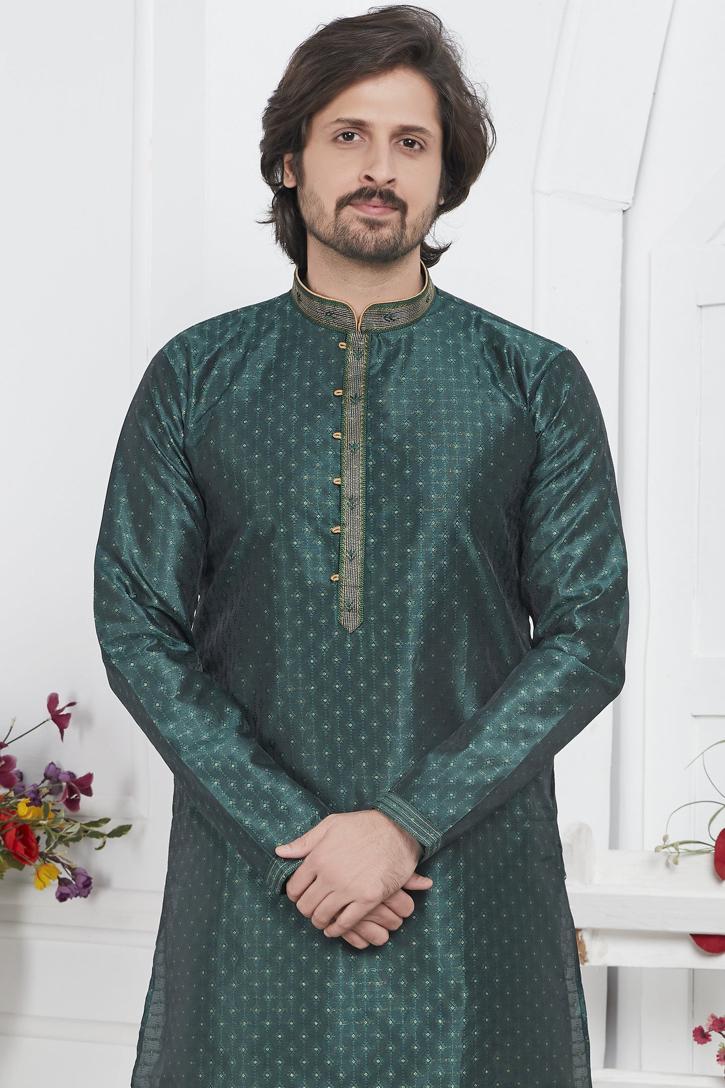 Dark Green Jacquard Silk Plain Straight Kurta Pajama for Men for Wedding & Festival
