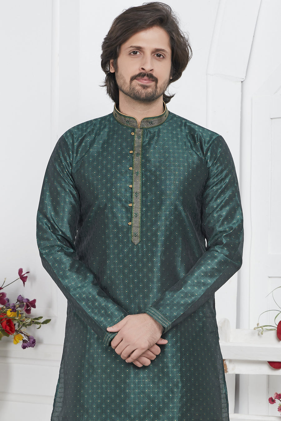 Dark Green Jacquard Silk Plain Straight Kurta Pajama for Men for Wedding & Festival