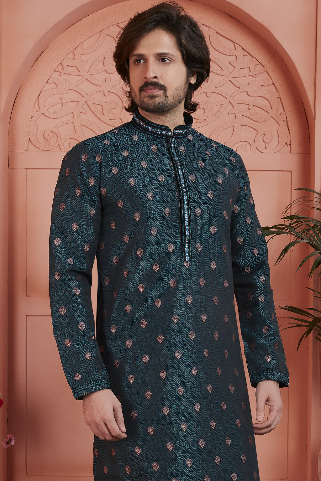 Dark Green Jacquard Silk Plain Straight Kurta Pajama for Men for Festival & Wedding
