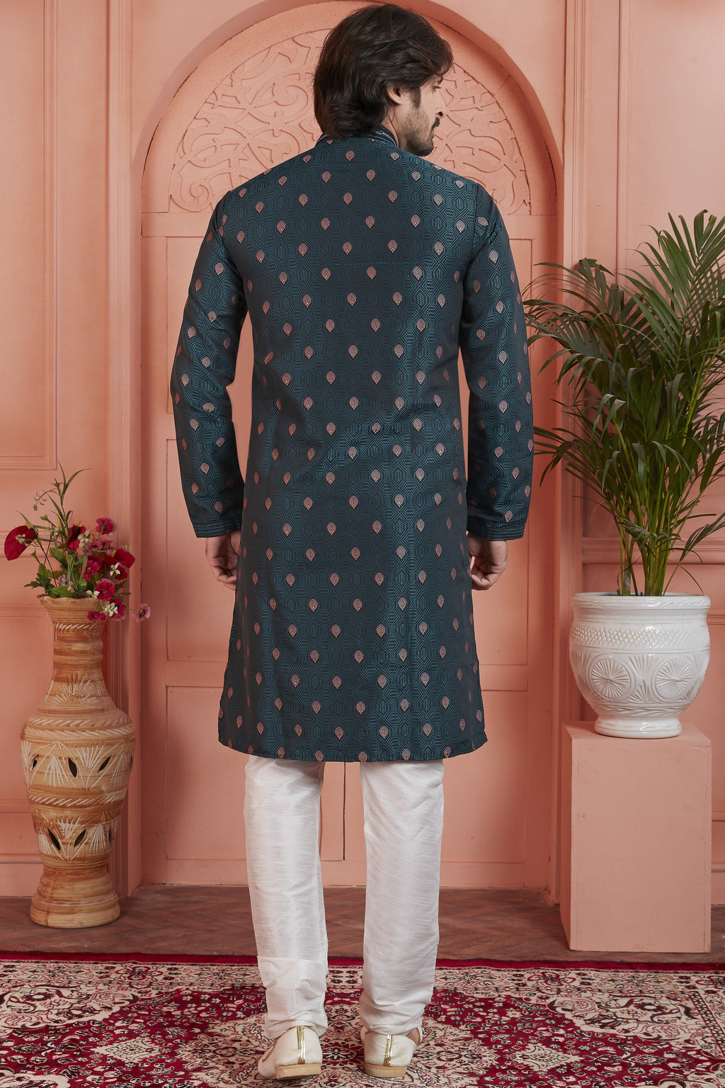 Dark Green Jacquard Silk Plain Straight Kurta Pajama for Men for Festival & Wedding
