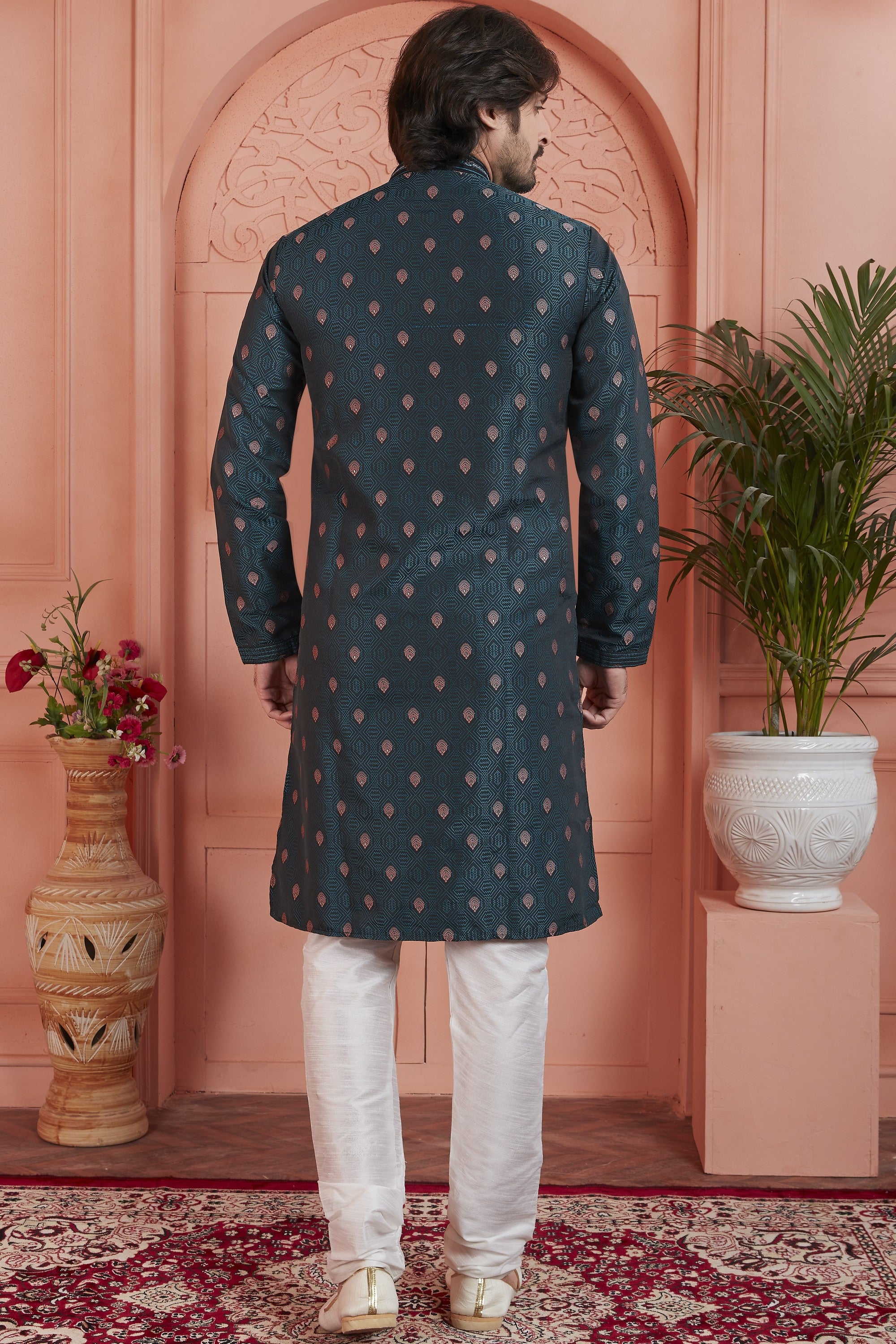 Dark Green Jacquard Silk Plain Straight Kurta Pajama for Men for Festival & Wedding