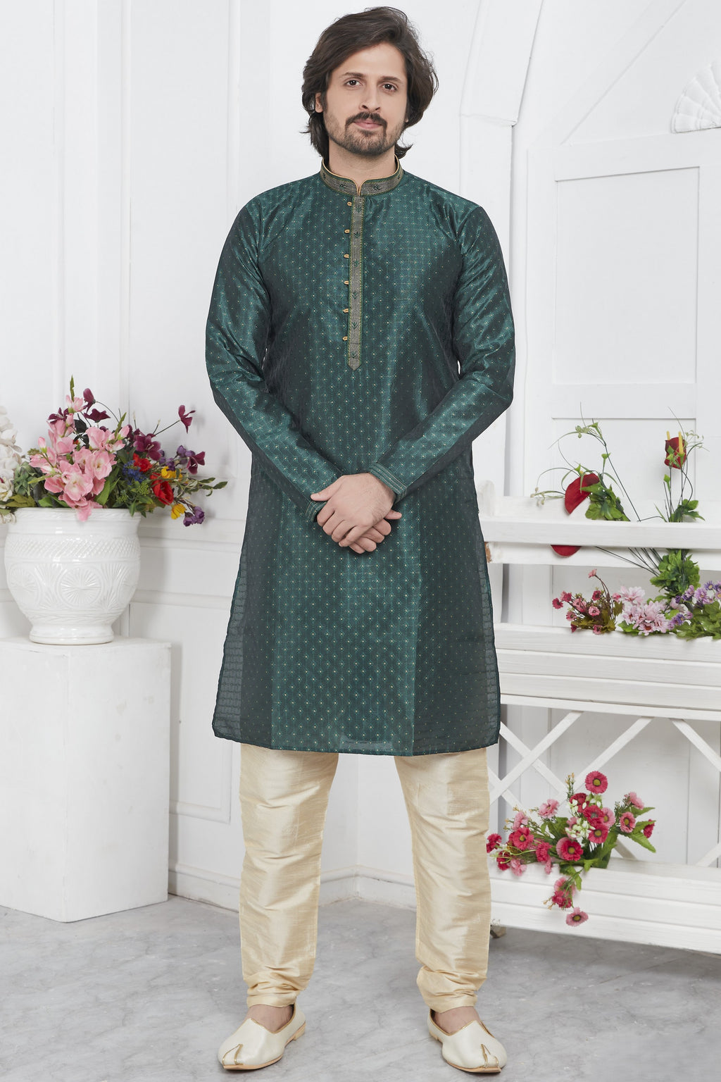 Dark Green Jacquard Silk Plain Straight Kurta Pajama for Men for Wedding & Festival