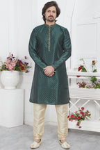 Dark Green Jacquard Silk Plain Straight Kurta Pajama for Men for Wedding & Festival