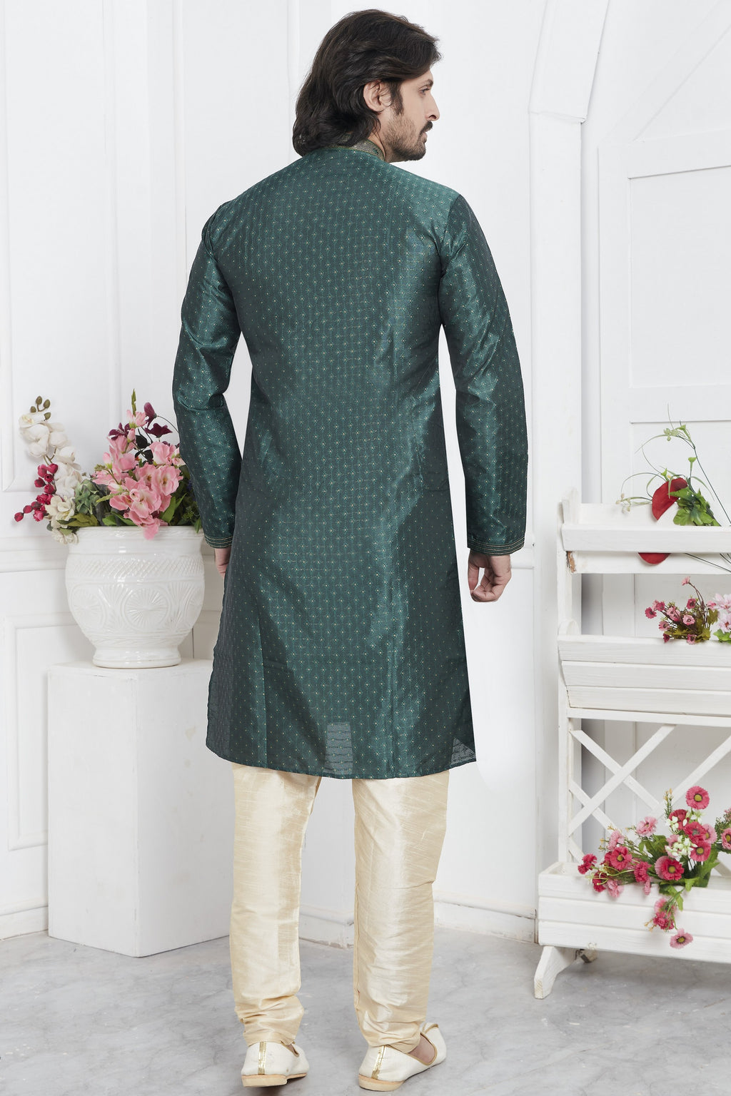 Dark Green Jacquard Silk Plain Straight Kurta Pajama for Men for Wedding & Festival