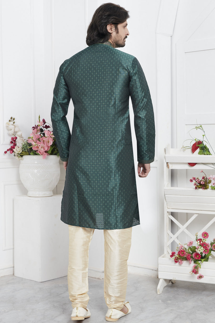 Dark Green Jacquard Silk Plain Straight Kurta Pajama for Men for Wedding & Festival