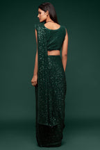 Bottle Green Georgette Party Wear Saree with Blouse and Underskirt