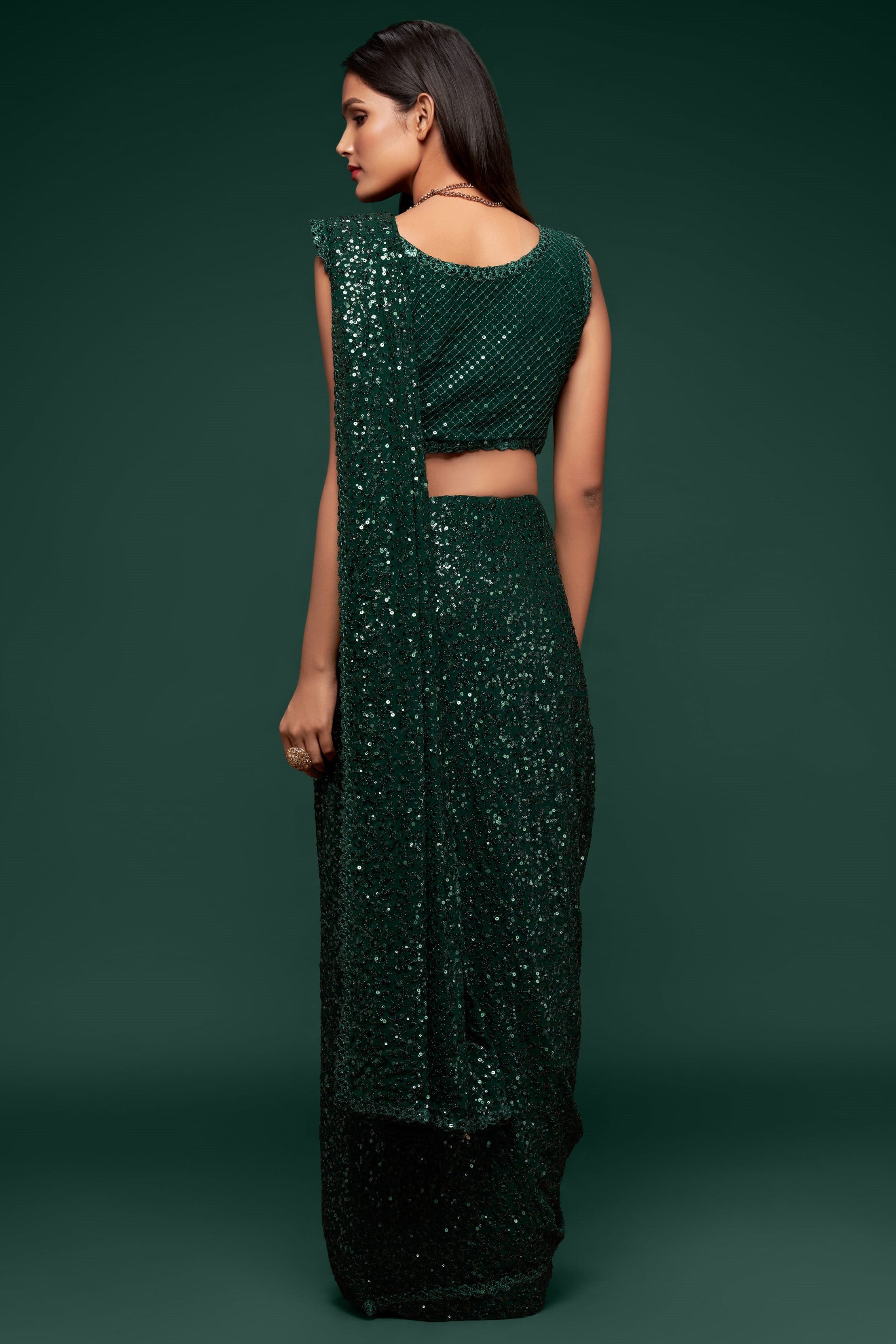 Bottle Green Georgette Party Wear Saree with Blouse and Underskirt