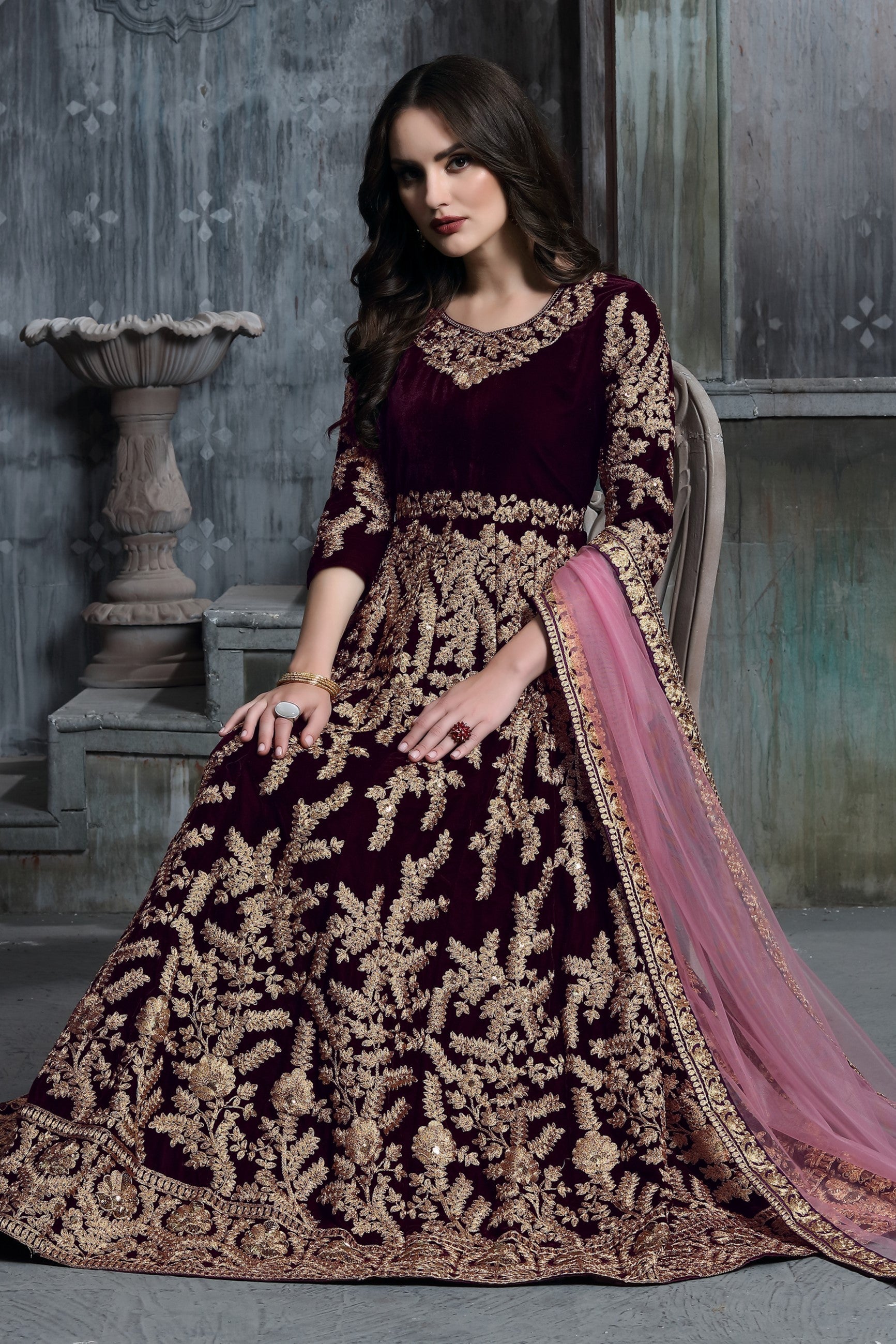 Dark Maroon Velvet Suit Women with Embroidered Anarkali