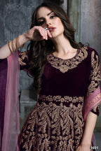 Dark Maroon Velvet Suit Women with Embroidered Anarkali