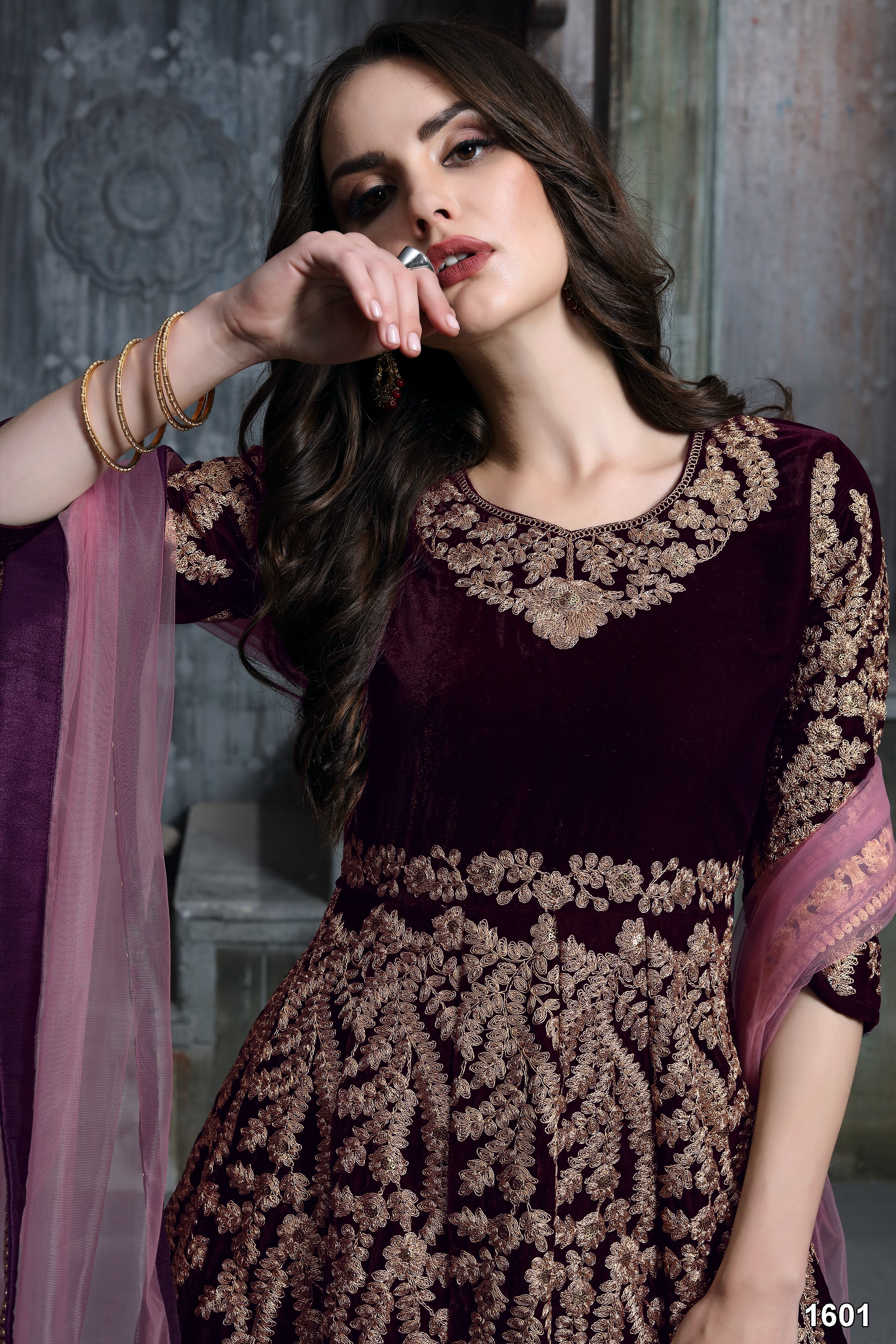 Dark Maroon Velvet Suit Women with Embroidered Anarkali