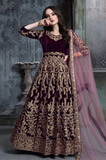 Dark Maroon Velvet Suit Women with Embroidered Anarkali