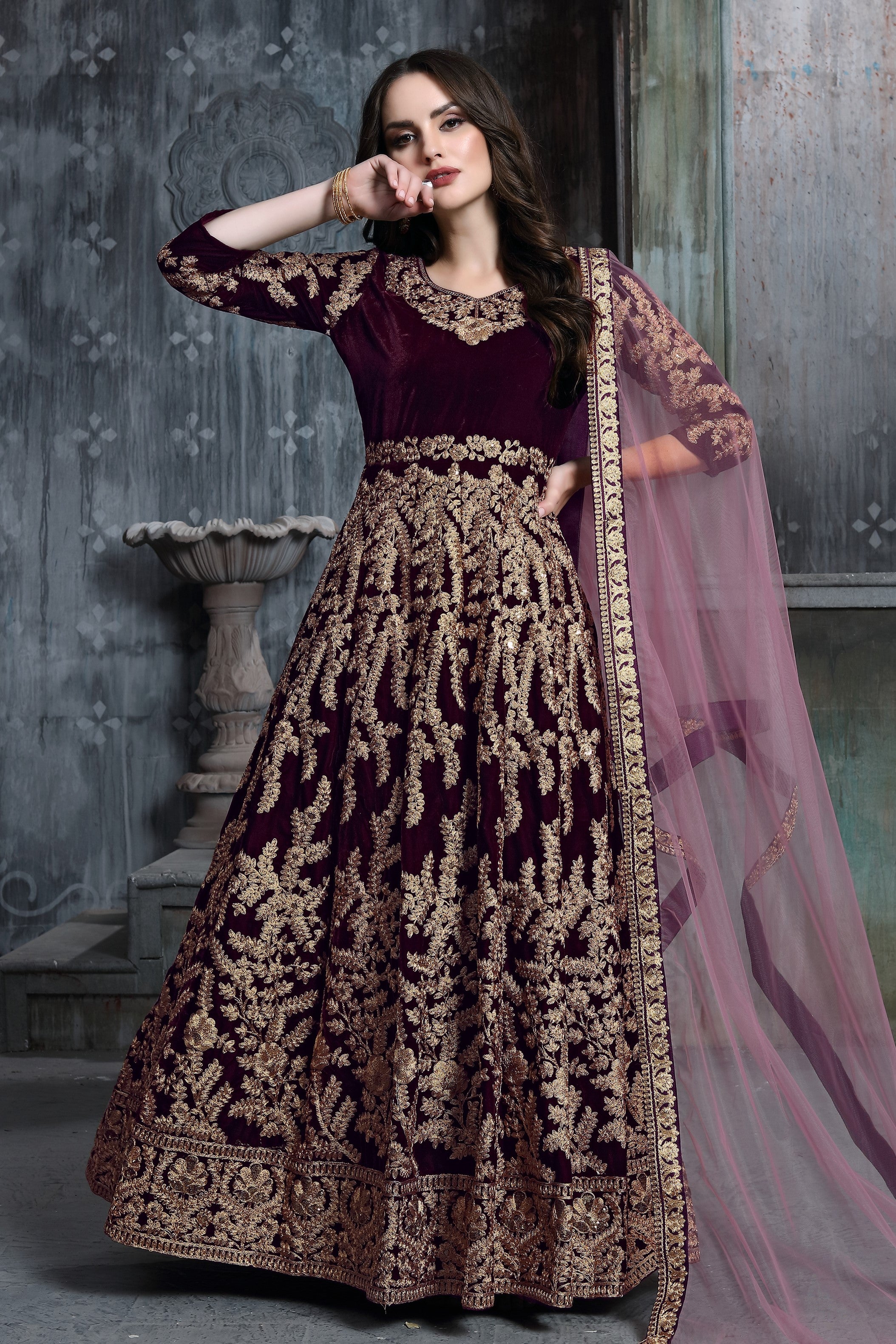 Dark Maroon Velvet Suit Women with Embroidered Anarkali