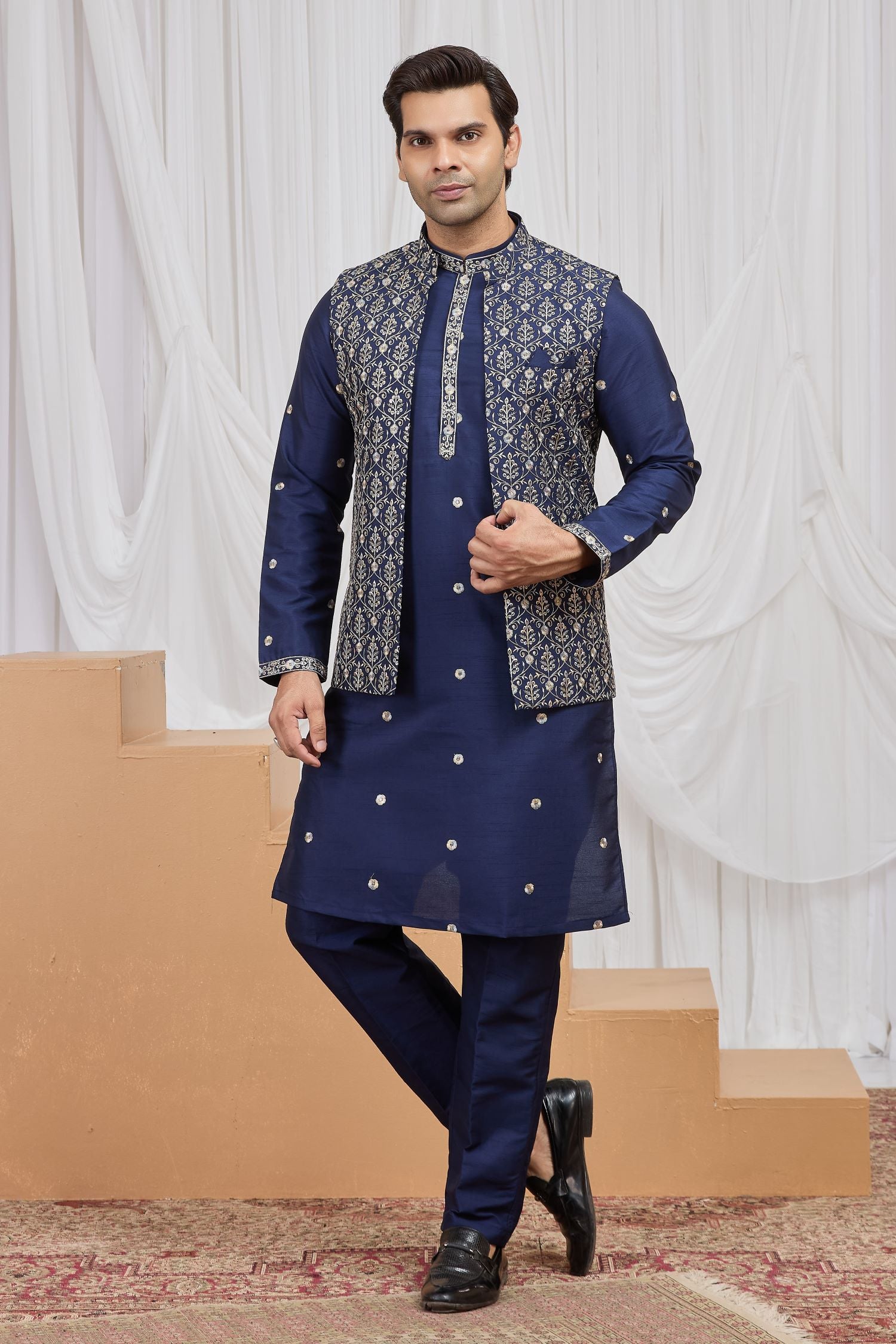 Dark Navy Art Silk Men's Kurta and Pajama with Embroidery