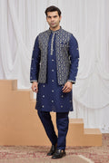 Dark Navy Art Silk Men's Kurta and Pajama with Embroidery