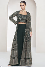 Dark Olive Georgette Palazzo with Choli & Jacket For Wedding & Indian Festival - Embroidery Work