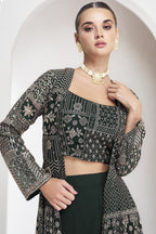 Dark Olive Georgette Palazzo with Choli & Jacket For Wedding & Indian Festival - Embroidery Work