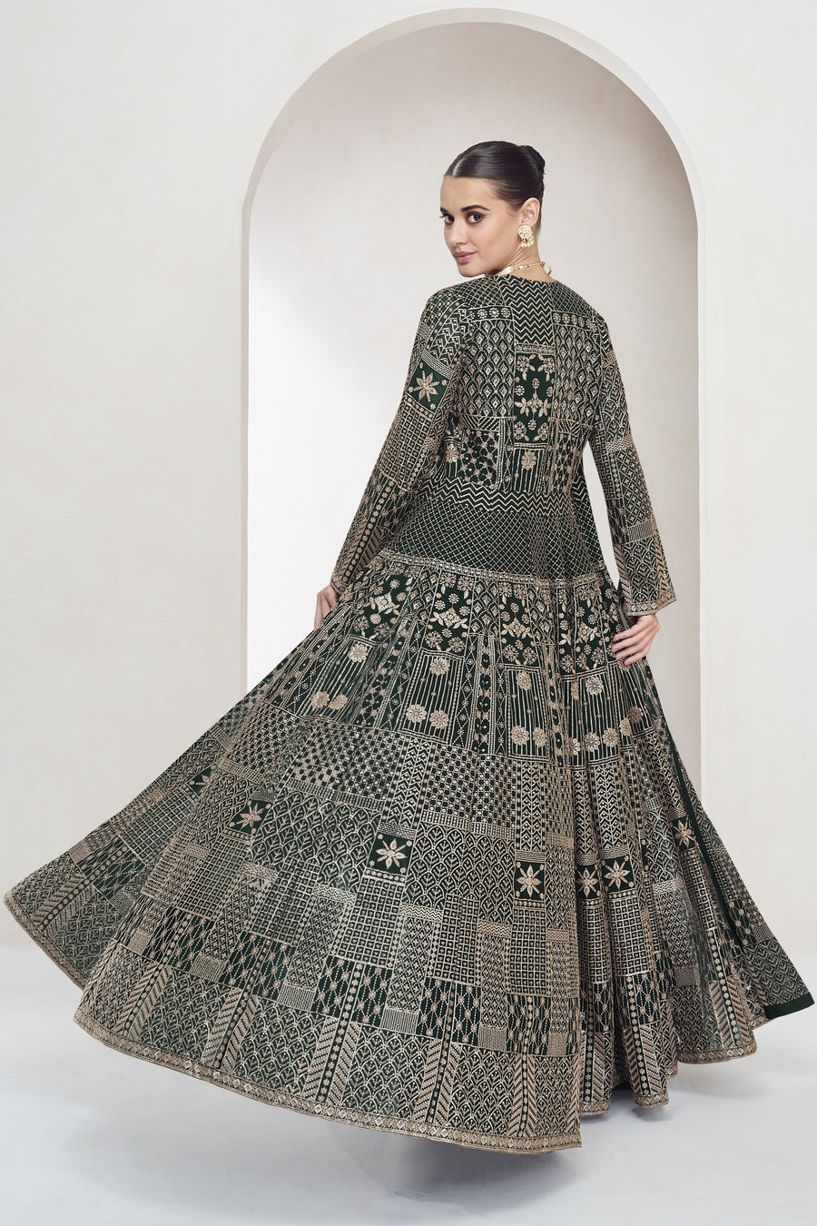 Dark Olive Georgette Palazzo with Choli & Jacket For Wedding & Indian Festival - Embroidery Work