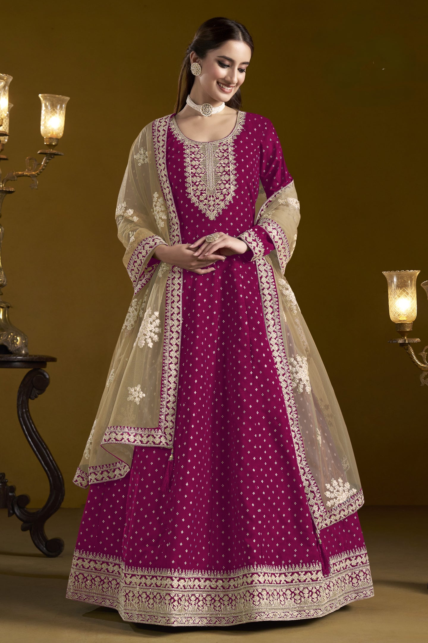 Dark Pink Chanderi Silk Anarkali Dress for Reception with Sequins Embroidery
