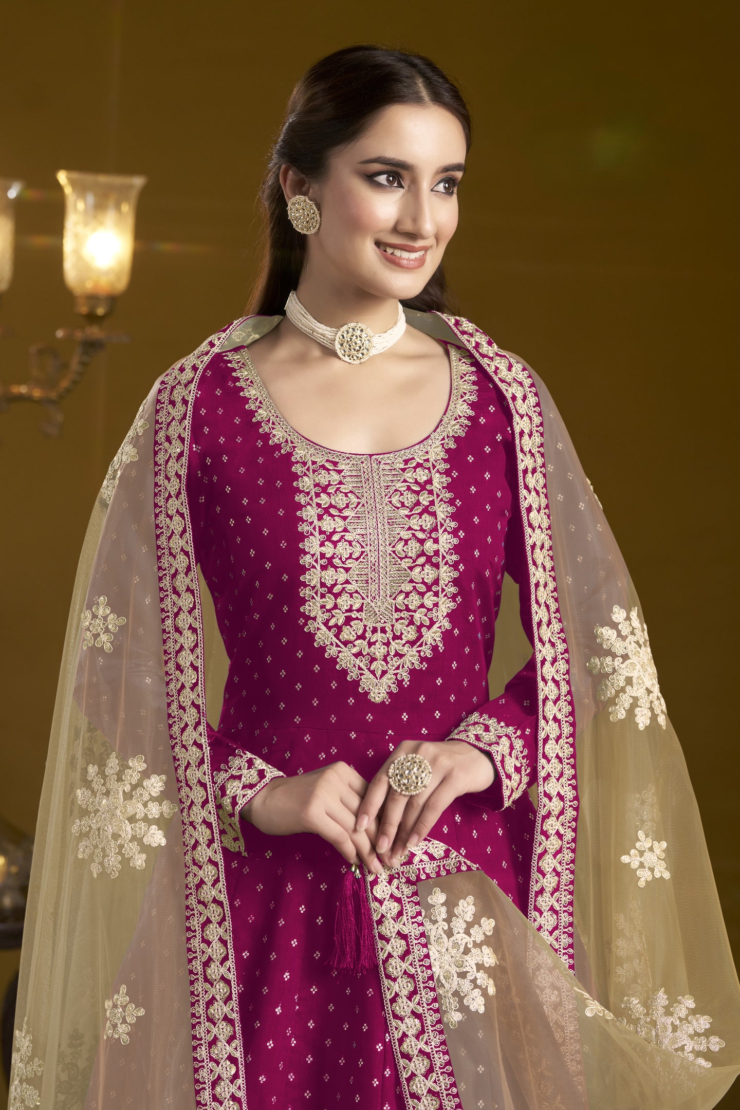 Dark Pink Chanderi Silk Anarkali Dress for Reception with Sequins Embroidery