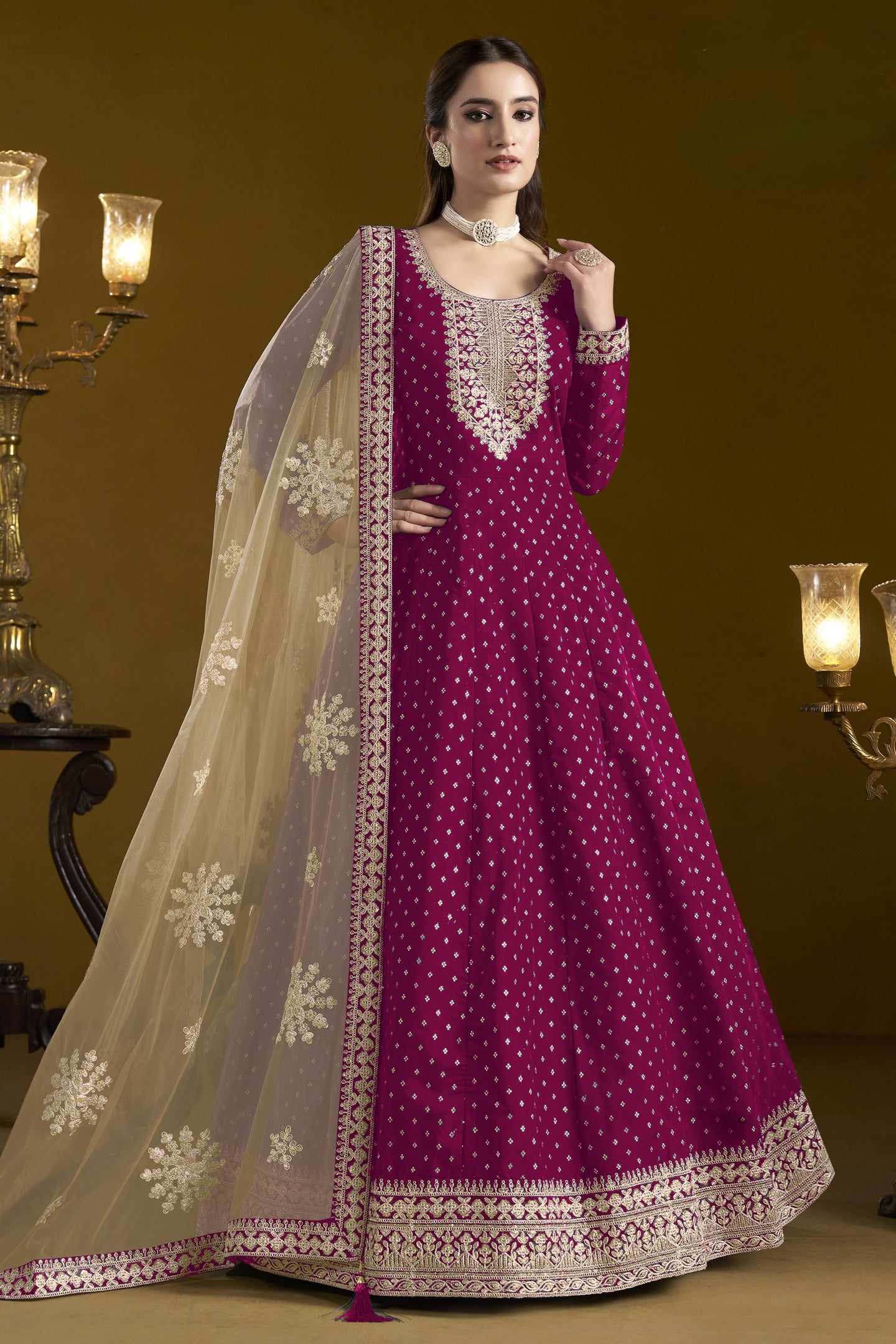 Dark Pink Chanderi Silk Anarkali Dress for Reception with Sequins Embroidery
