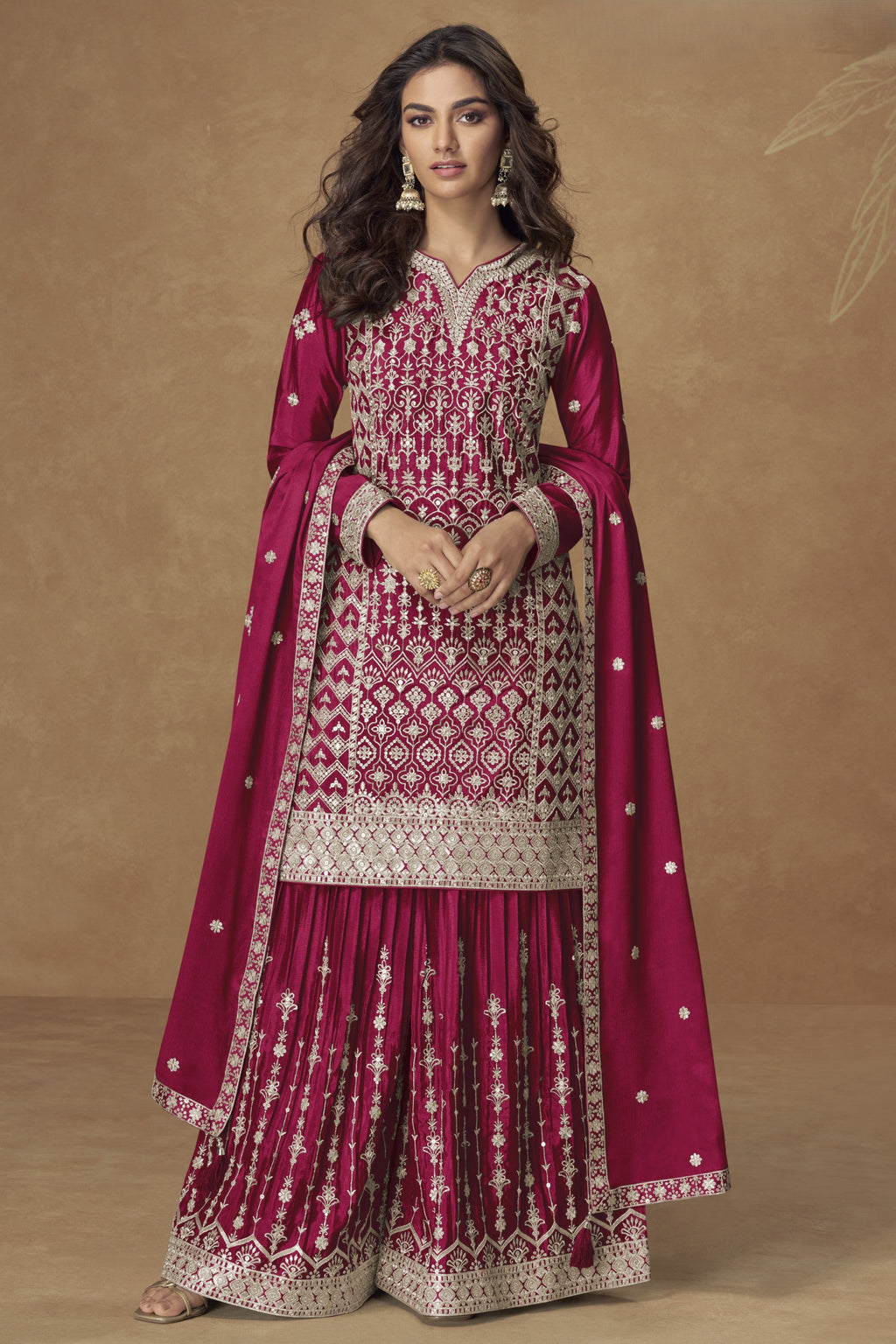 Dark Pink Chinon Silk Kameez With Plazzo Suit For Indian & Pakistani Wedding Festival - Thread & Sequence Embroidery