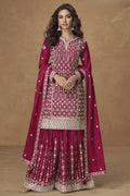 Dark Pink Chinon Silk Kameez With Plazzo Suit For Indian & Pakistani Wedding Festival - Thread & Sequence Embroidery
